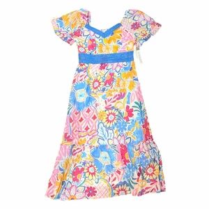 Bright Floral Boho Dress with Flutter Sleeves & Lace Trim – NWT